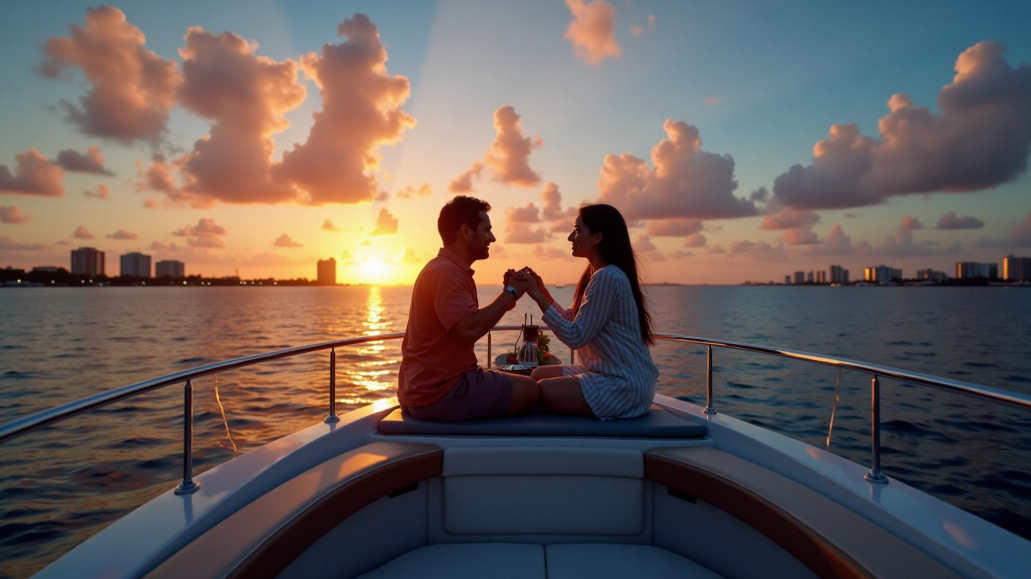 Couple on yacht at sunset in Palm Beach